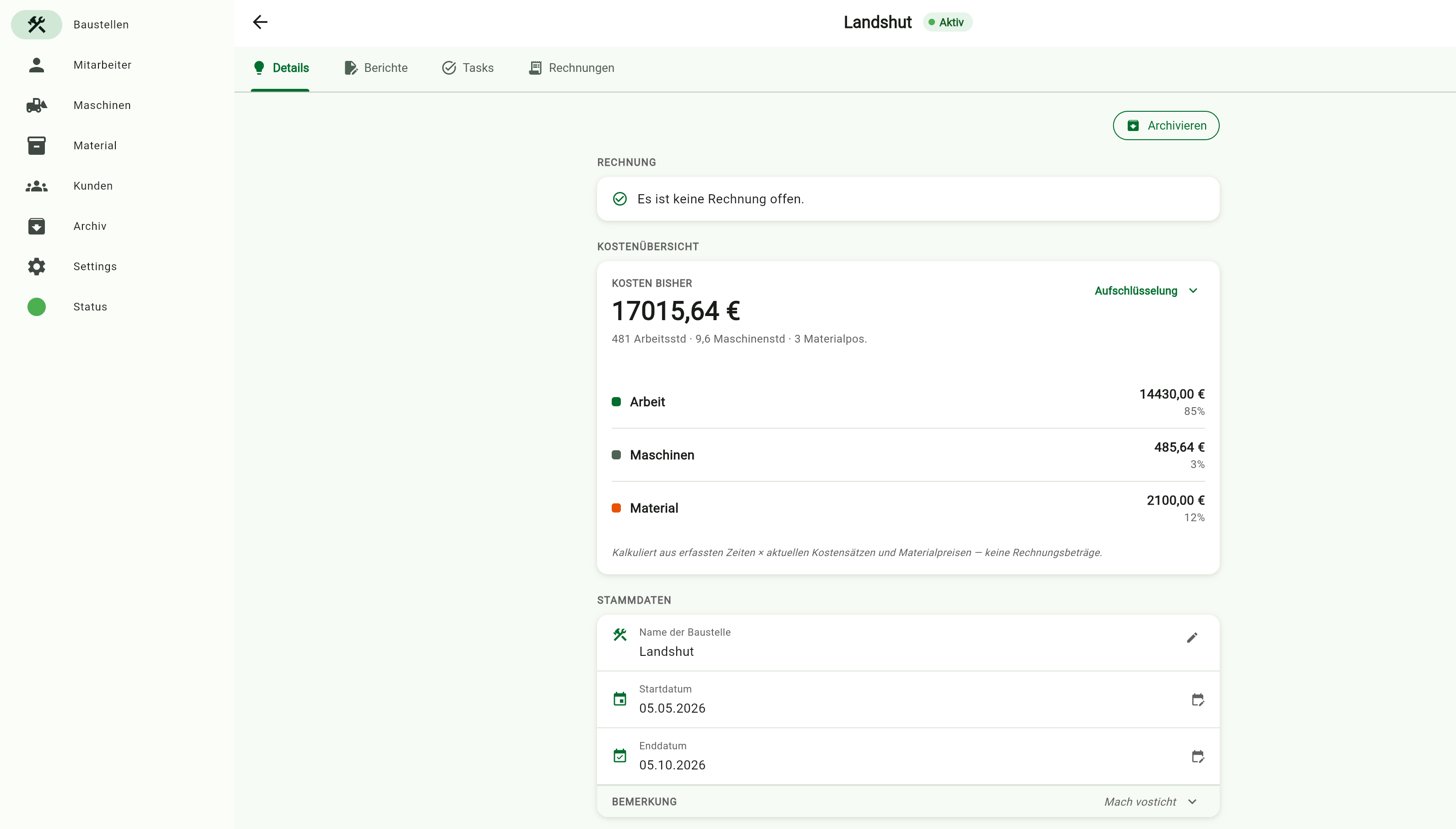 Kostenübersicht einer Baustelle in der Bautimer App