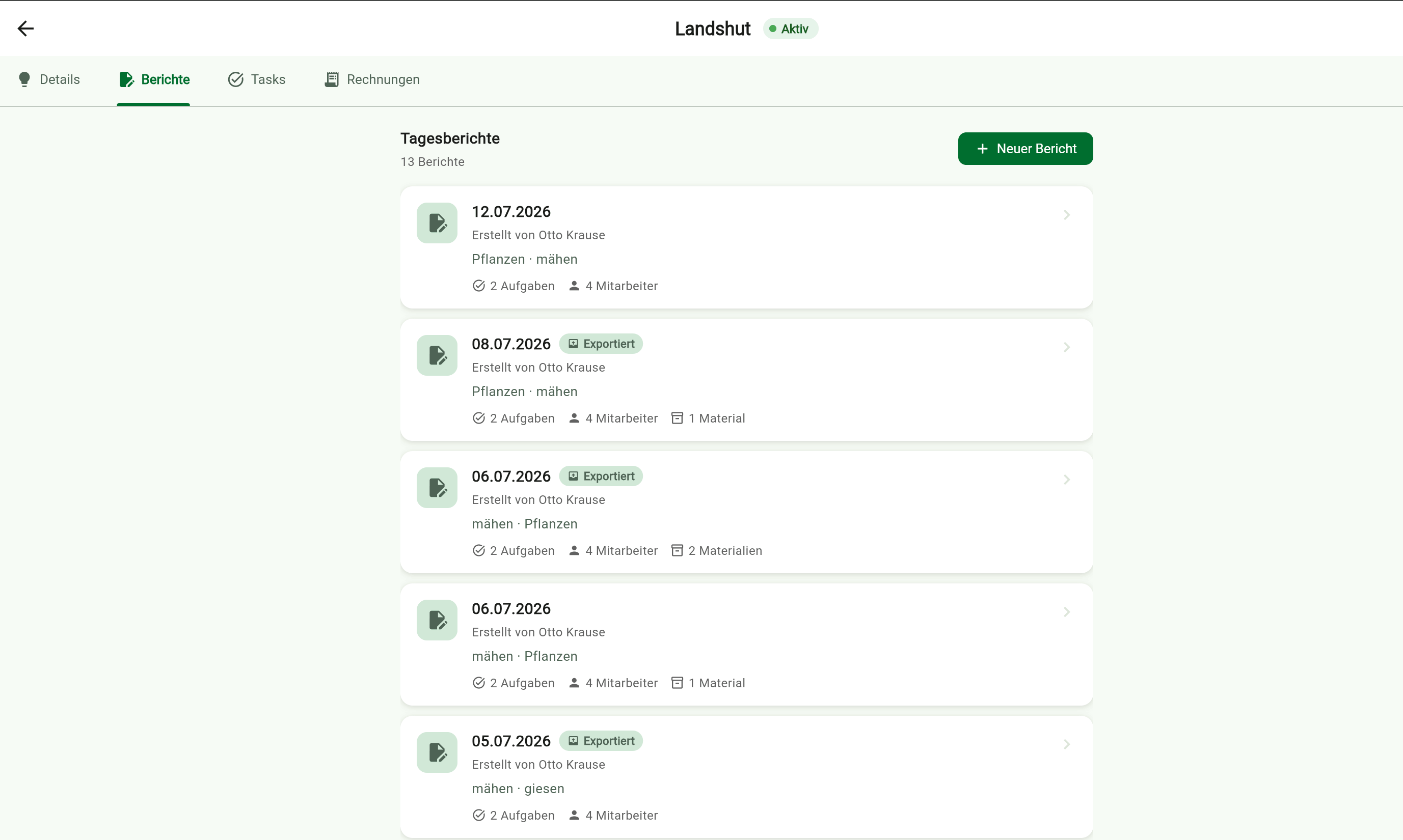 Tagesberichte einer Baustelle in der Bautimer App