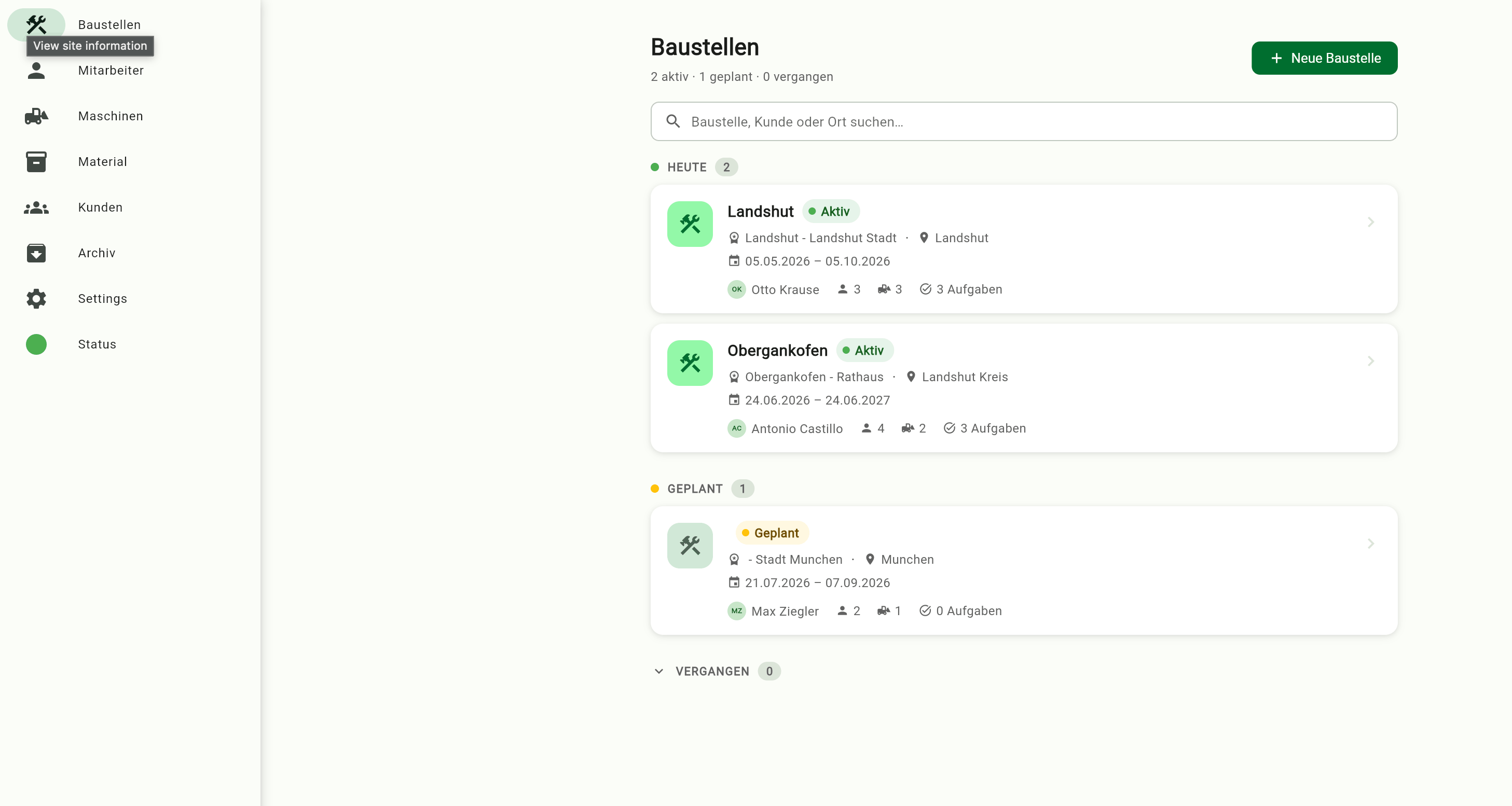 Baustellenübersicht in der Bautimer App