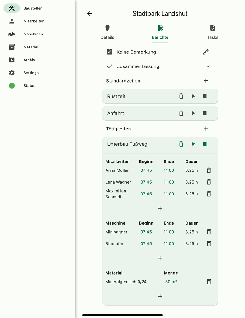 Ein Auszug aus einem digitalen Tagesbericht in der Bautimer App. Der Screenshot ist auf einem Tablett entstanden.